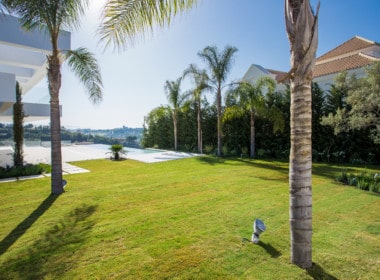 Nieuwe design villa met palmbomen, oude olijfboom, tropische varens, prachtig gazon, tuinverlichting, zonneterrassen en een zoutwater zwembad en veel privacy